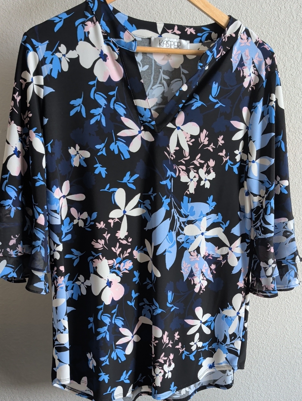 Kasper Women's Black Floral V-Neck Blouse with Blue & Pink Print